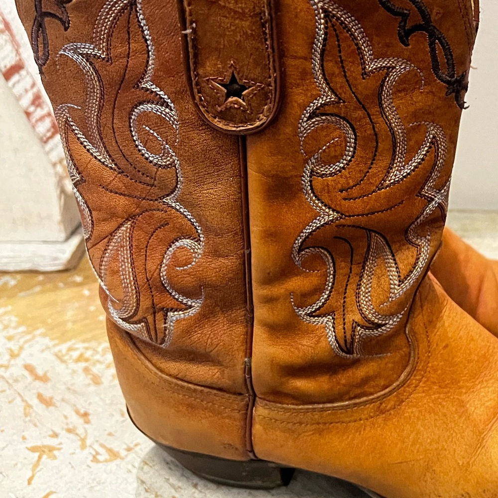 Tony Lama Two-Tone Tan and Dark Brown Western Heeled Cowboy Boots - Picture 8 of 14